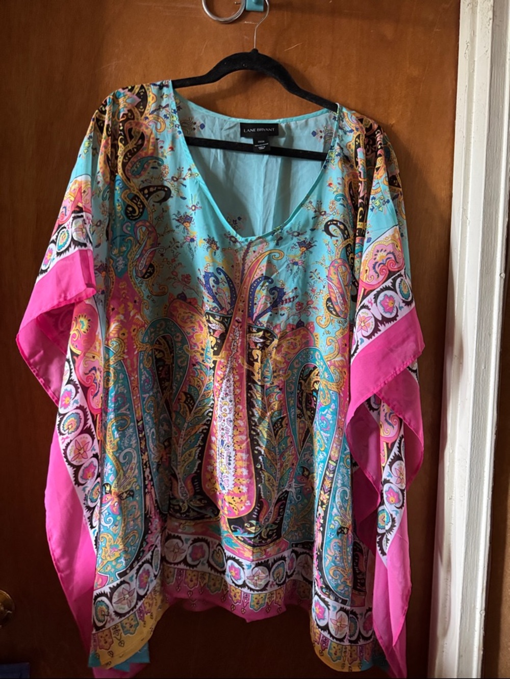 Lane Bryant Teal & Pink Paisley V-Neck Poncho Blouse